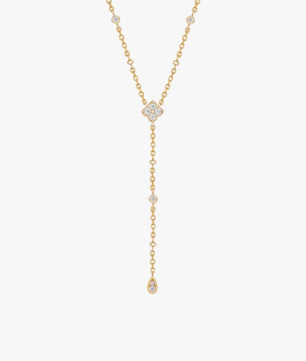 Collier cravate fleur de zircons et goutte Plaqué or - 2