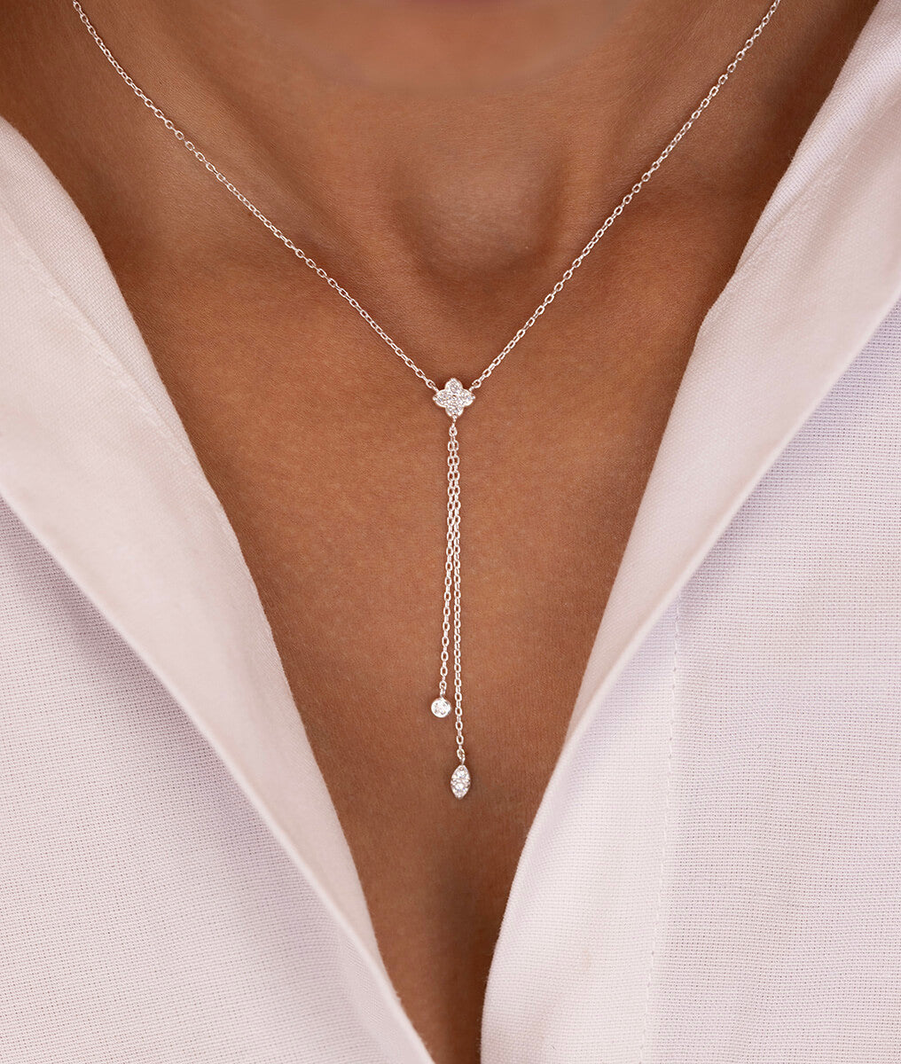 Collier cravate fleur de zircons et chaînes Argent 925 - 1