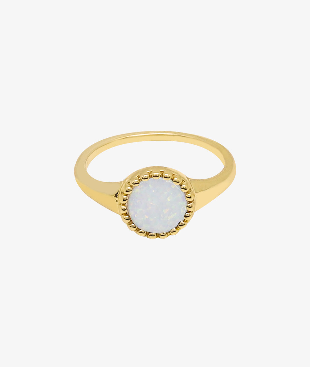Bague grande pastille perlée Opale blanche Plaqué or - 2