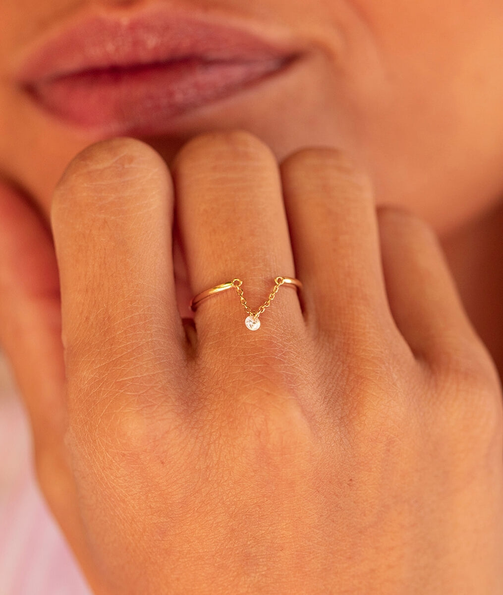 Bague fine chaîne zircon suspendu Plaqué or - 1