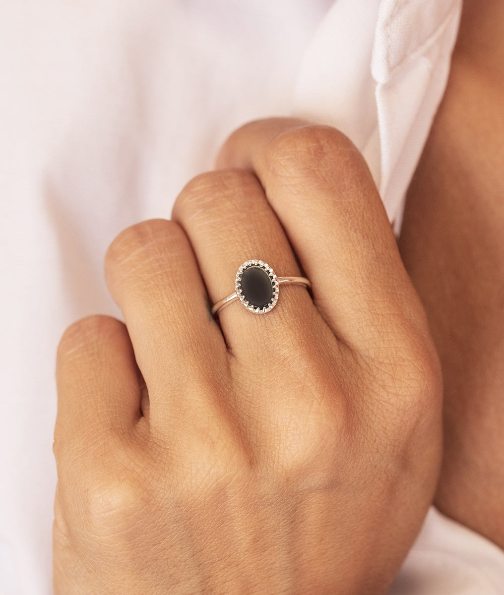Bague pastille Agate noire ovale Argent 925 - 1